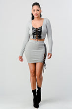 Load image into Gallery viewer, 2 Piece Set With Cropped Long Sleeve Shirt With Pu Leather Detail Matching Mini Skirt
