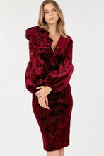 Load image into Gallery viewer, Flower Patch Flocked Velvet Fitted Midi Dress With Puff Sleeves
