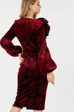 Load image into Gallery viewer, Flower Patch Flocked Velvet Fitted Midi Dress With Puff Sleeves
