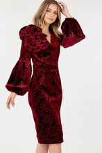 Load image into Gallery viewer, Flower Patch Flocked Velvet Fitted Midi Dress With Puff Sleeves
